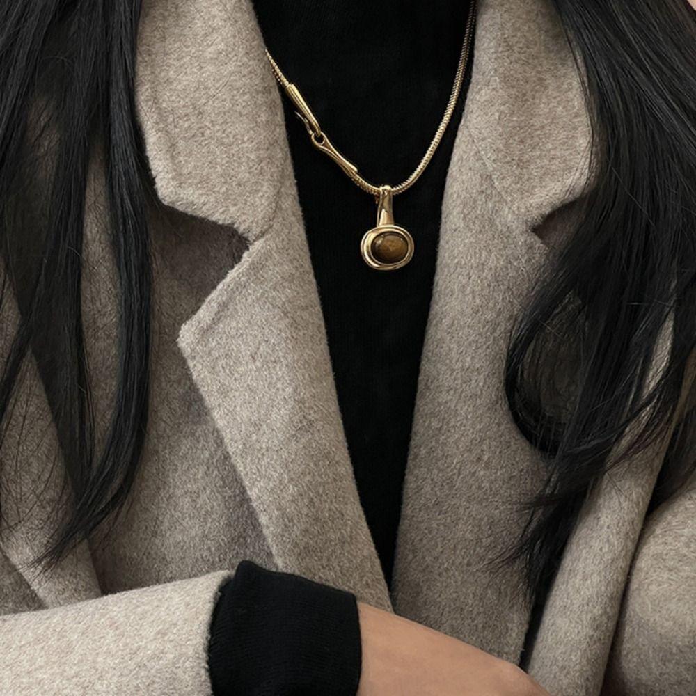 Подвеска из камня Тигровый глаз, ожерелье из титановой стали, женское ожерелье, цепочка для свитера, ювелирные аксессуары