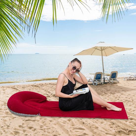 Beach Mat with Inflatable Pillow Portable Lightweight Outdoor Beach Lounger Sunbathing Relaxing Beach Blanket with Flocking Headrest