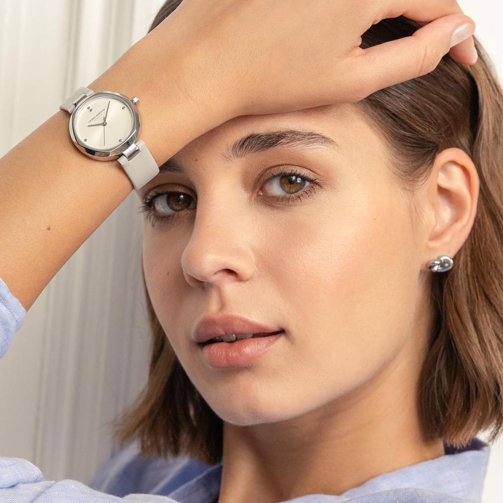 OLIVIA BURTON Classic Dimension Серебристый Белый Солнечные Лучи Серо-коричневая Кожа 32 мм