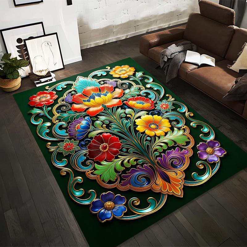 Floral Pattern Carpet with Colorful Floral Swirls on Green Background Suitable for use as an anti-slip for living room bedroom sofas