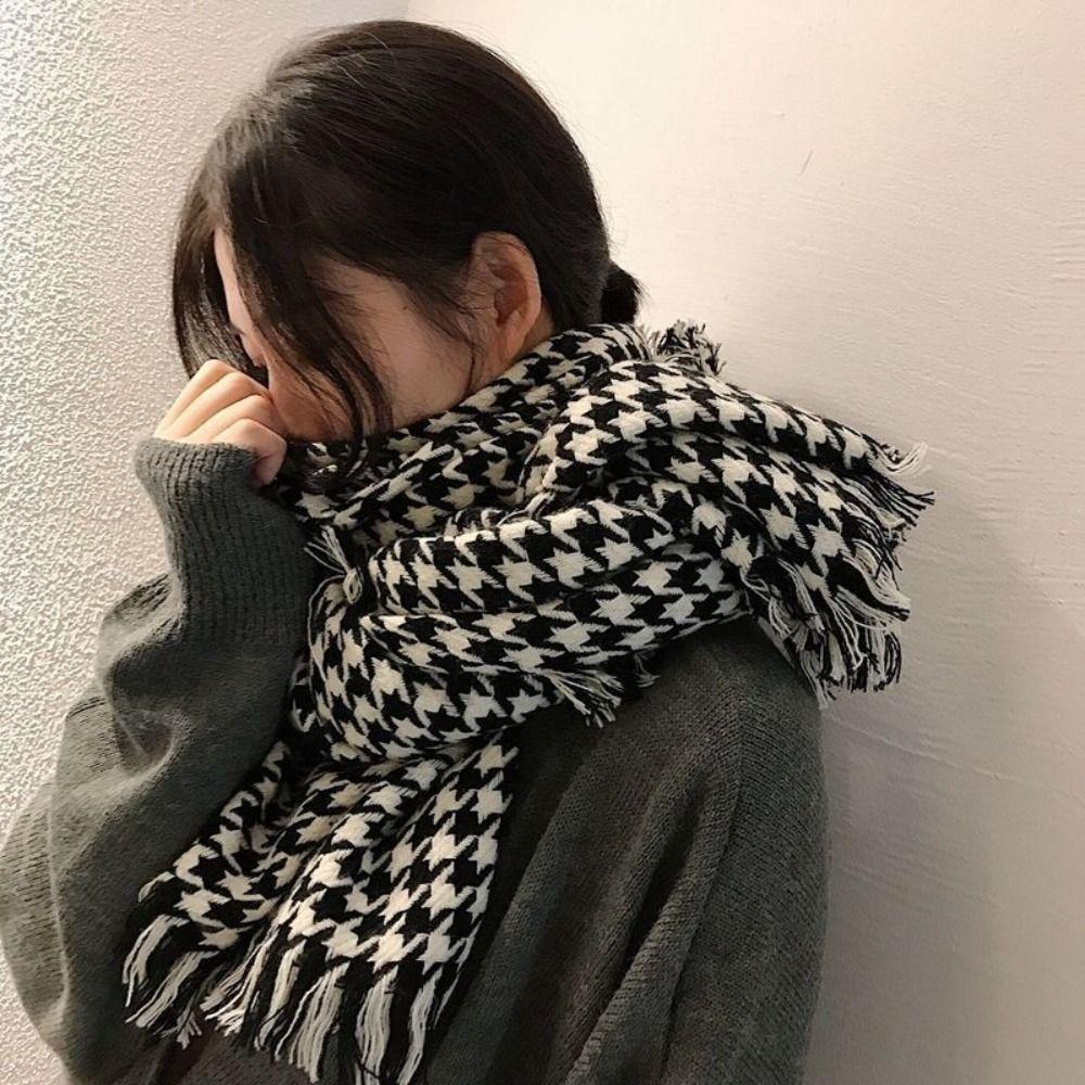 Korean Style Y2K Checkered Scarf Plaid Winter Cashmere Shawl Knitted Houndstooth Scarf Unisex