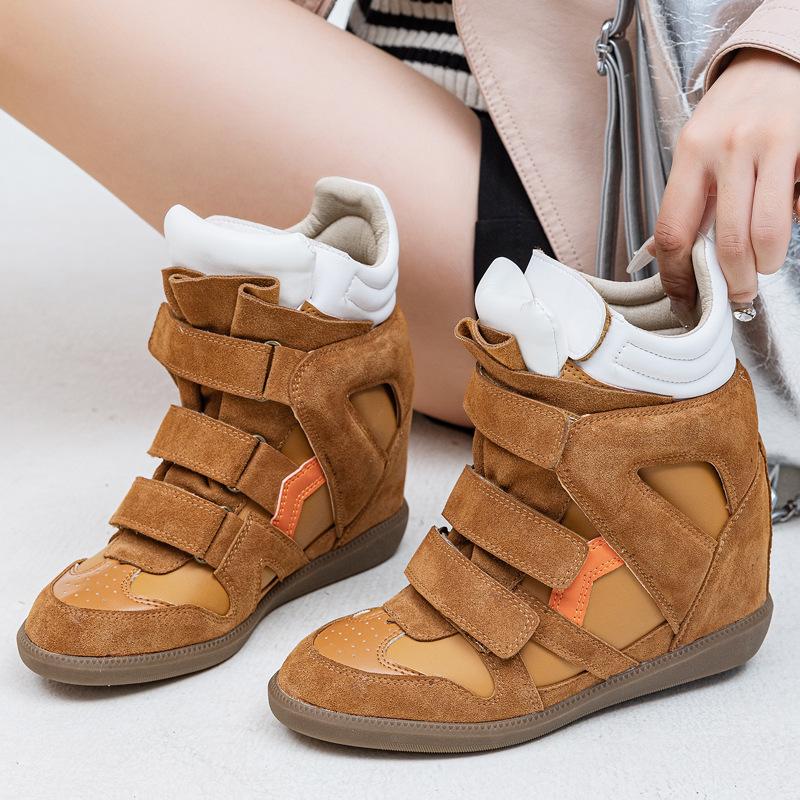 Профессиональные женские ботинки с увеличением внутренней высоты 8 см, высокие, на танкетке с увеличением внутренней высоты, повседневная обувь на липучках, версия для невысоких женщин