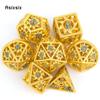 7 Pcs Golden Blue Rotary Cyclone Metal Dice Hollow Metal Polyhedral Dice Set Suitable for Role-Playing RPG  Board Game Card Game