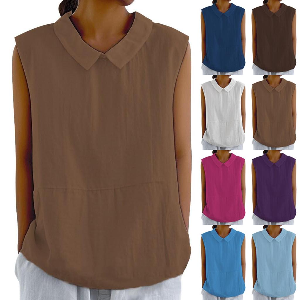 Women's Fashion Solid Color Collar Sleeveless Pullover Shirt Top