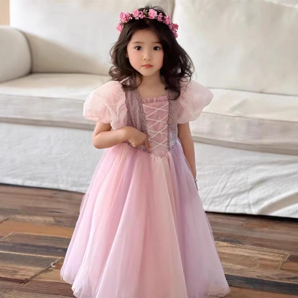 Luxurious Velvet Princess Rapunzel Puff Sleeve Dress for Girls - Autumn/Winter