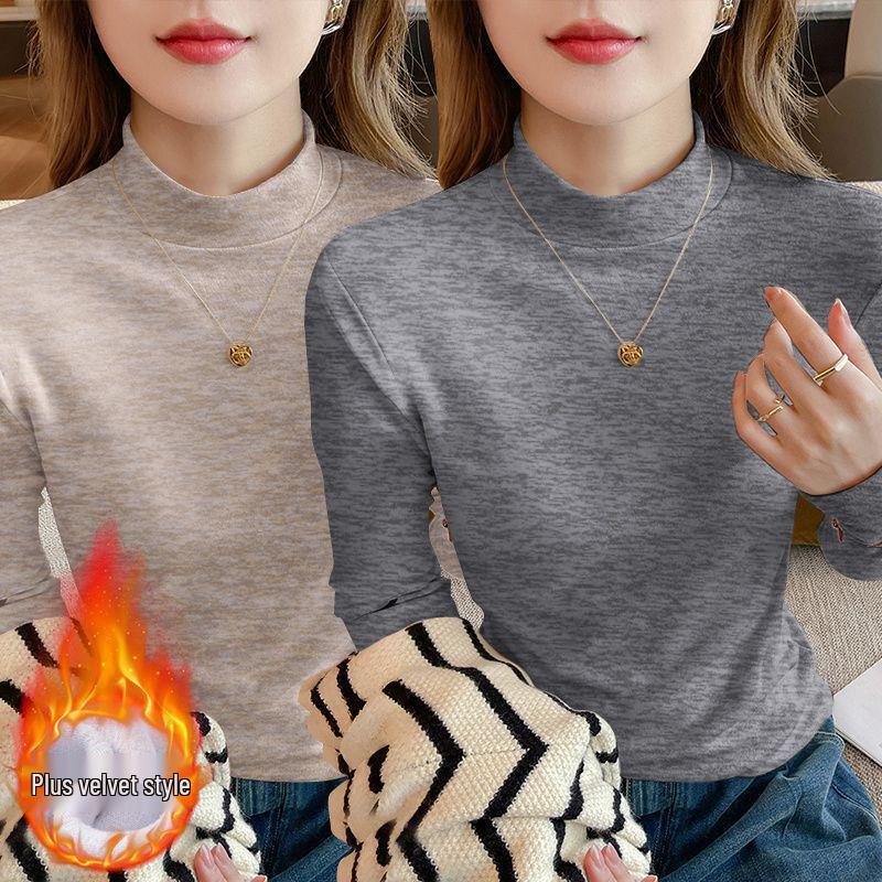 Осень 2025 Большой размер Приталенный Топ-база с длинным рукавом Свободный для женщин с воротником-стойкой