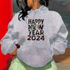 Autumn And Winter Happy New Year Printed Shoulder Sleeves Fleece Hooded Sweater Women