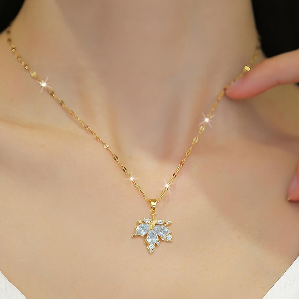 1 Pair Stud Earrings +1 Pc Necklace With Golden Maple Leaf Design Copper Jewelry Set Zirconia Inlaid Vintage Elegant Style Trendy Female Gift