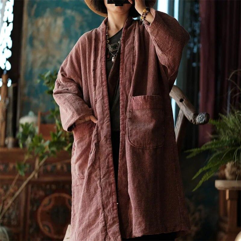 Johnature Women Vintage Cotton Linen Parkas Patchwork Pockets Loose Winter Coats Long Sleeve Plus Cotton Long Parkas