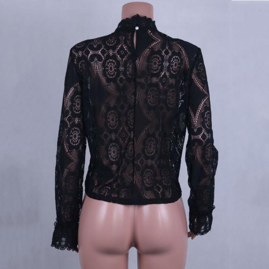 Воротник-стойка с длинными рукавами. Перспективная сексуальная рубашка. Вышивка. Цветочная вязаная крючком кружевная полая футболка. Топ. Уличная одежда.