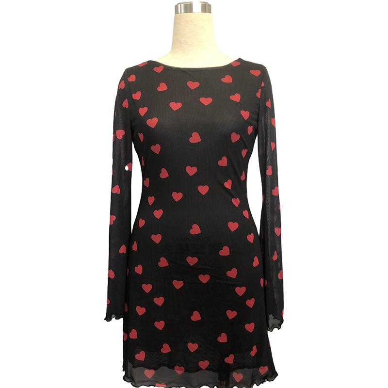 Женское вечернее платье с рукавами-клеш, круглым вырезом, бандажной спинкой, без спинки, из сетки, с принтом в виде сердечек, облегающее бедра, цельное