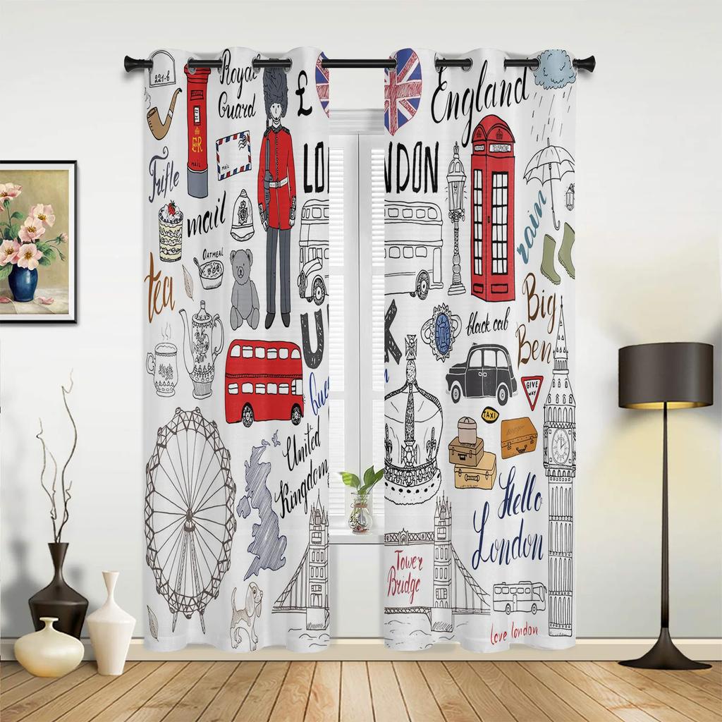 London Telephone Booth Curtains for Bedroom Living Room Drapes Kitchen Children's Room Window Curtain Modern Home Decor