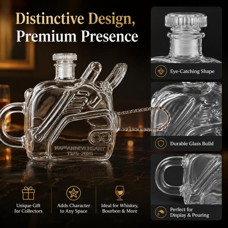 Creative Chainsaw Shaped Glass Whiskey Decanter 100th Anniversary Liquor Bottle for Home Bar Display Gift