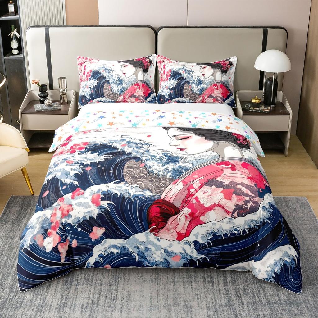 Japanese Ukiyoe Theme Duvet Cover Queen King Size Printed Bedding Set Kids Bedroom Decor Japanese Style 3 Pcs With 2 Pillowcases