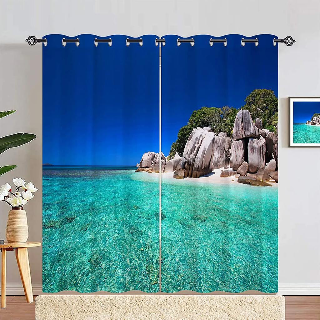 Nature Landscape Scenery Curtains for Bedroom, Window Panels with Garden, Pink White Flowers, Waterfall Lake Scene Print Pattern