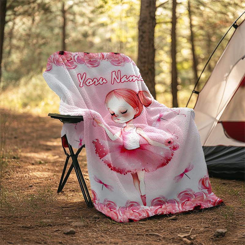 1PC Custom Name Pink Roses Ballerina Theme outdooor Flannel blankets Patterns Throw Blanket All-Season Soft Gift for Couch, Bed, Camping gifts
