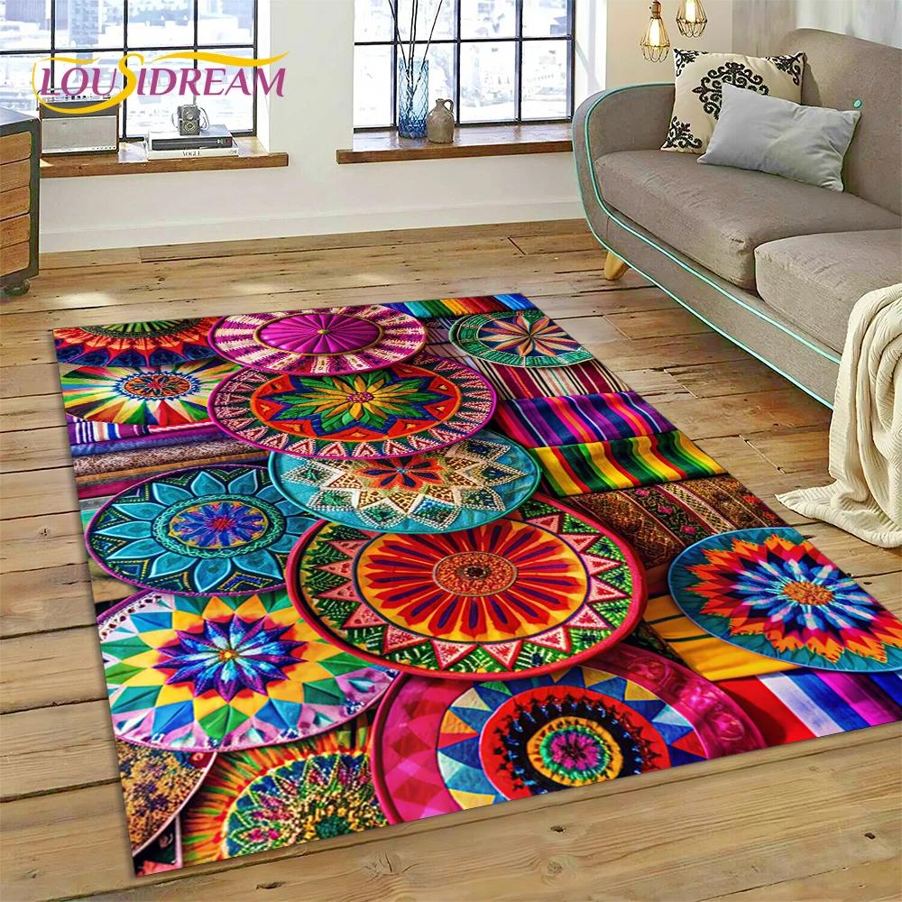 VIKAMA Colorful Flower Woven Art Mandala Rug, Non-Slip Carpet For Living Room, Bedroom, Sofa, Home Decor, Doormat