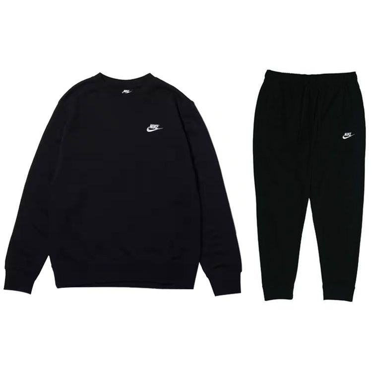 Nike Однотонный Свитшот с Логотипом, Круглым Вырезом и Длинным Рукавом и Брюки, Повседневный Спортивный Комплект, Мужской Свитшот и Брюки, Черный BV2667-010+BV2763-010
