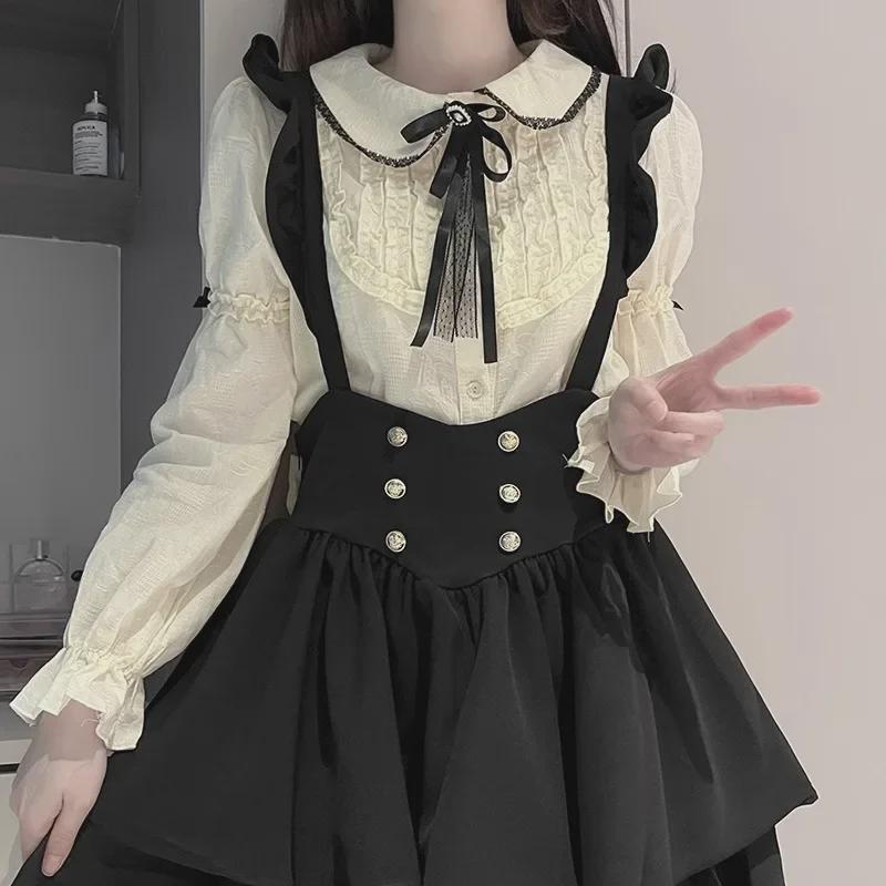 Slightly Plump College Style Waist Bow Tie Overalls Skirt - Autumn/Winter Pure Desire Doll Collar Sweet Girl Top Shirt Set