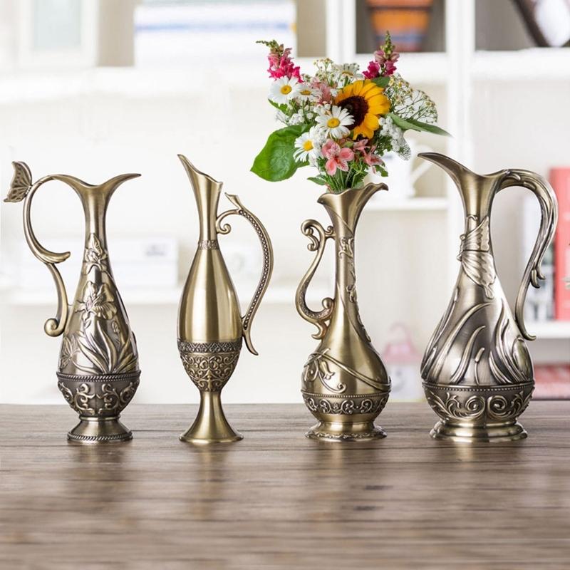 Текстурированные Геометрические Винтажные Бронзовые Металлические Вазы для Настольных Композиций в Гостиной, Контейнер для Цветочных Композиций