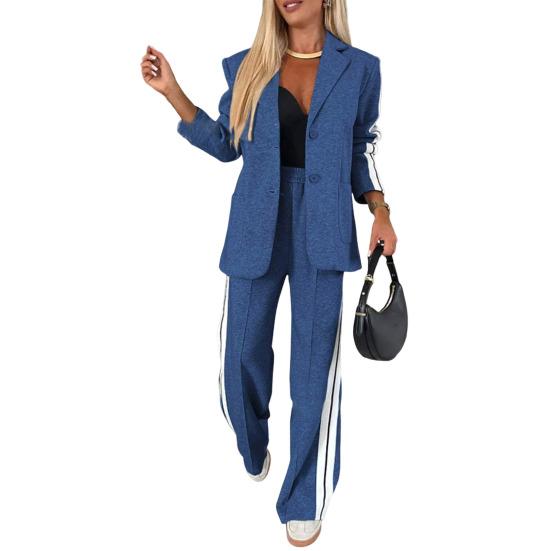 Комплект из 2 предметов: пальто и брюки, однобортный пиджак с отложным воротником и длинными рукавами, свободные полосатые брюки с широкими штанинами, повседневный наряд для поездок на работу