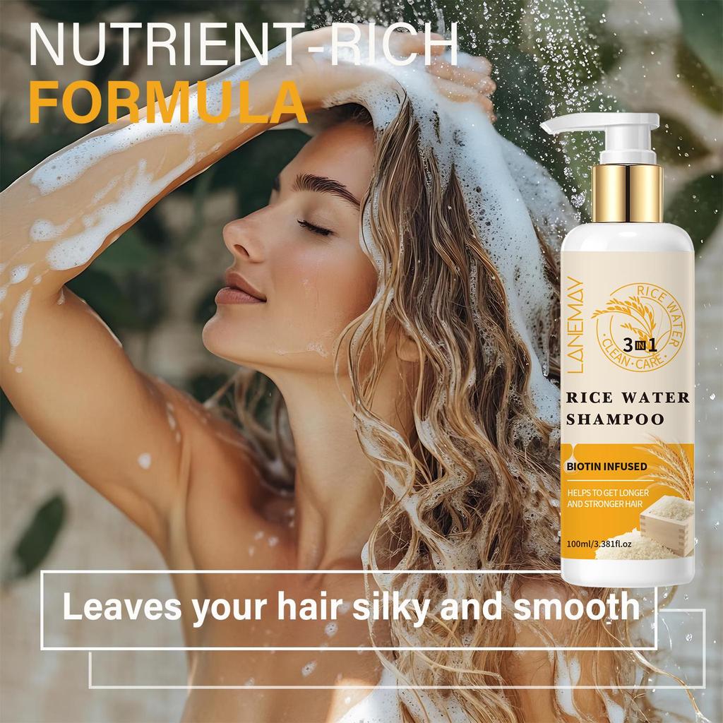 Шампунь 3 в 1 на основе рисовой воды — Укрепление и увлажнение поврежденных волос — Очищение и питание кожи головы — Подходит для всех типов волос