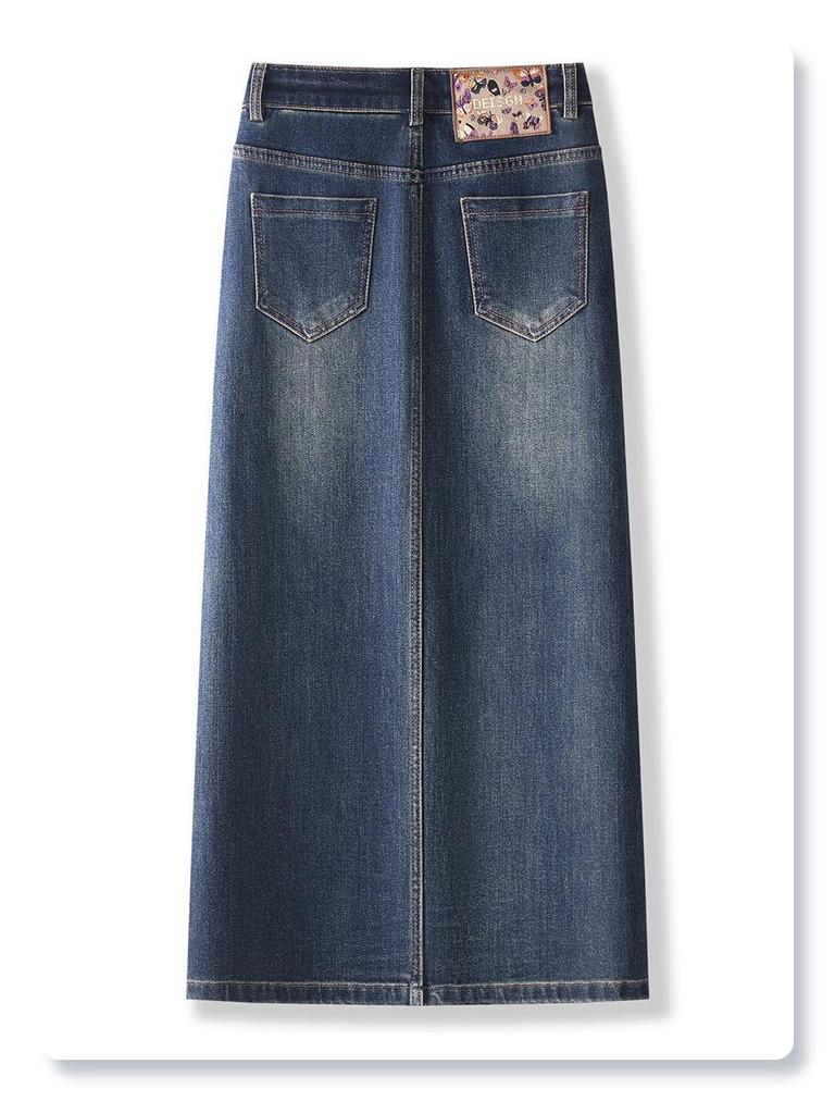 2024 New Women's High Waist Embroidered Denim Bodycon Midi Skirt with Front Slit for Spring & Autumn