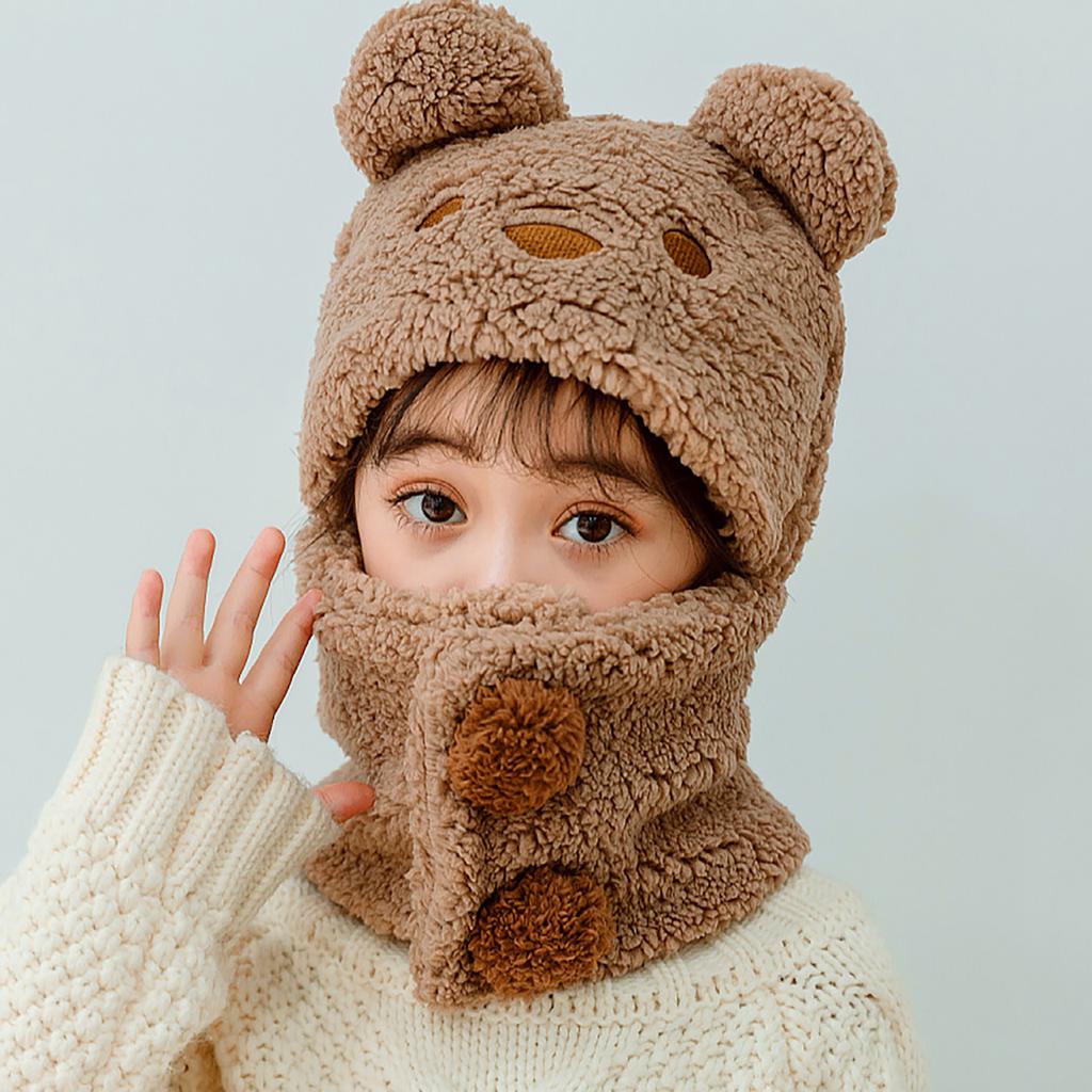 Милая шапка-плюш в виде медвежонка, мультяшная цельная шапка-шарф для детей, мальчиков и девочек, зимняя теплая флисовая шапка-балаклава, 6-9 лет