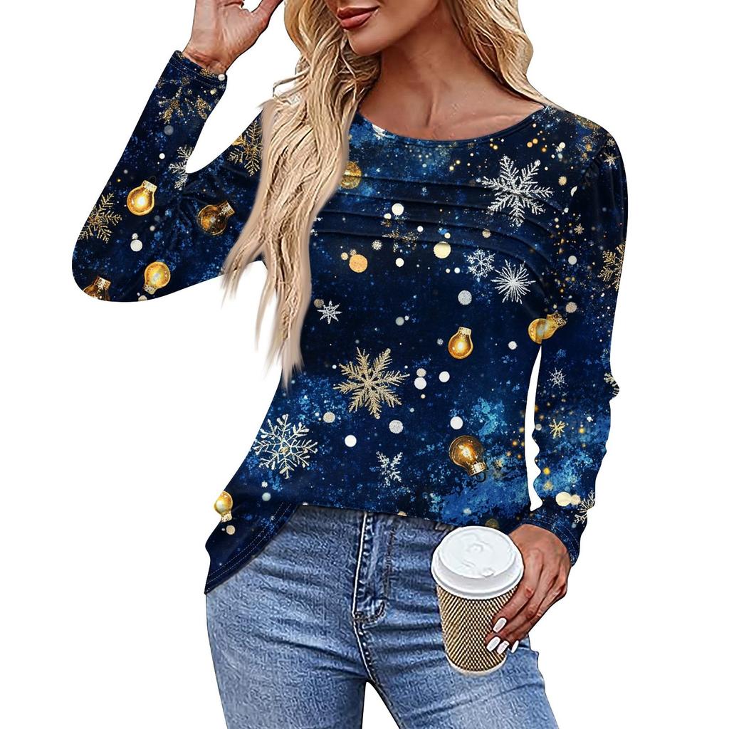 Женская повседневная модная футболка с круглым вырезом и длинными складками на Рождество