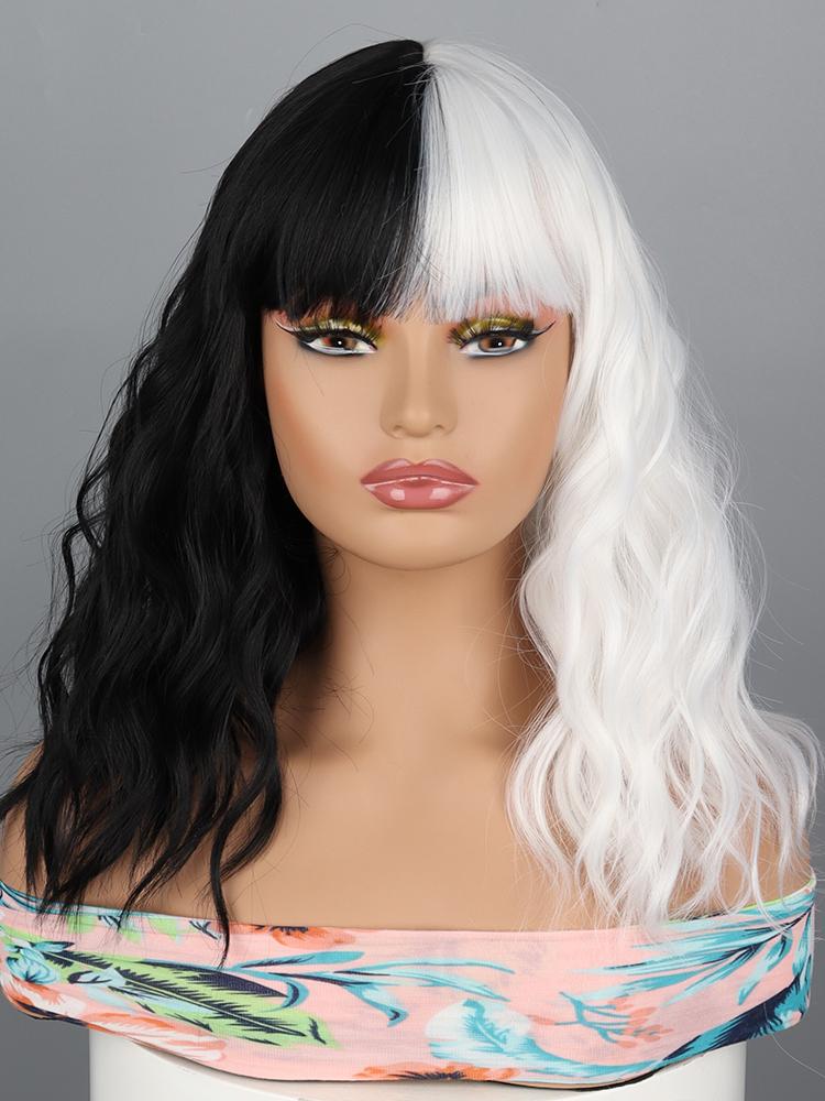 MERISIHAIR Women Fashion Shoulder Length Natural Water Wave Wig with Bangs Synthetic Purple Blue Black White Wavy Wig