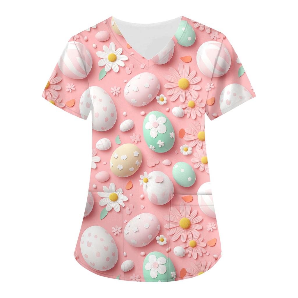Женский свободный свитер с принтом пасхального яйца, V-образным вырезом, карманом, коротким рукавом