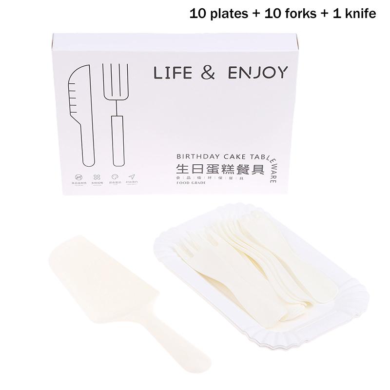 5Sets-30Sets White Birthday Cake Knife Fork Set Plastic Disposable Dinner Plate Set Baking Cake Tableware