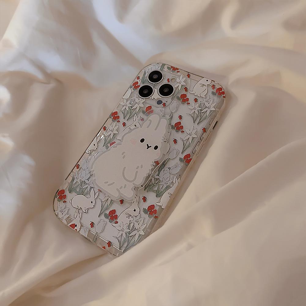 Korean-style floral rabbit design applicable iphone13Apple14Phone case11Cute girl15pro max Bracket16Transparent
