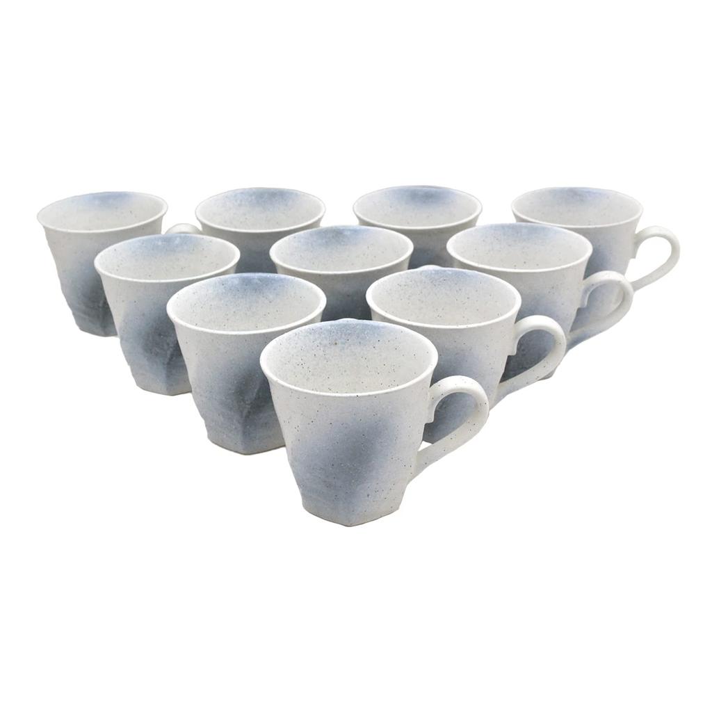 Castle Enterprises Mino Ware Japanese Cafe Series Rough-Saw Twisted Coffee Bowls, White with Ink, Set of 10