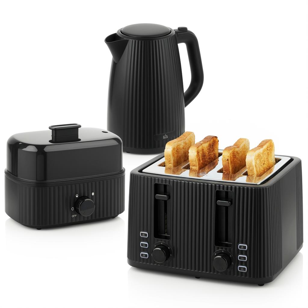 1.7L Rapid-Boil Kettle and 4-Slice Toaster Set, Egg Cooker for 6 Eggs with Indicator Light Black