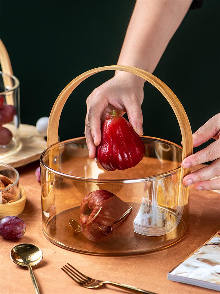 Переносная прозрачная стеклянная тарелка для фруктов | Ведро для ледяного вина | Салатница | Корзина для хранения закусок с деревянной ручкой