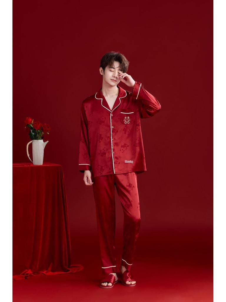 Bright Red Spring-Autumn Panda Jacquard Wedding Pajamas Set for Couples – Festive Plus Size Homewear for Men and Women