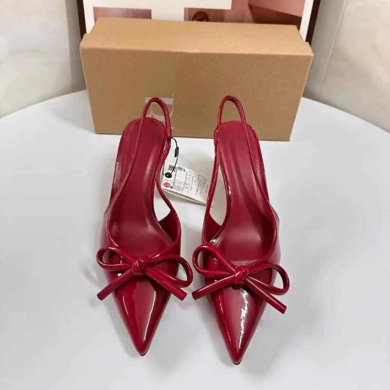 Красные банты Slingbacks High Heels для женщин Сексуальные остроносые лакированные туфли на высоком каблуке Осенние элегантные женские туфли на каблуке