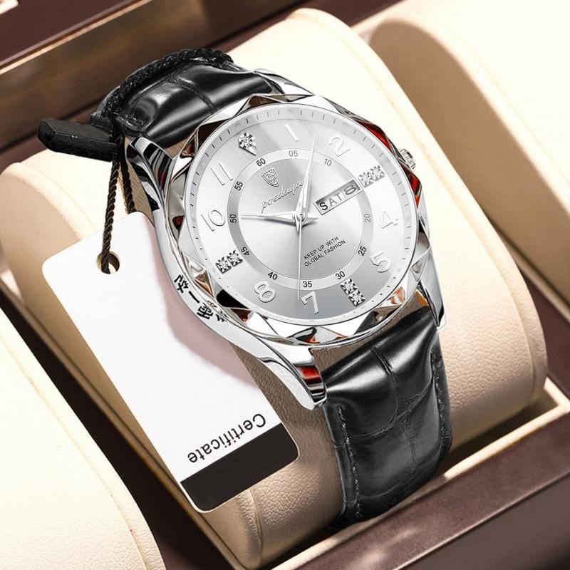 2024 Новый тренд, модные роскошные мужские часы, светящиеся водонепроницаемые часы с двойным календарем, ультратонкие кожаные мужские часы с автоматическим механизмом, украшенные бриллиантами