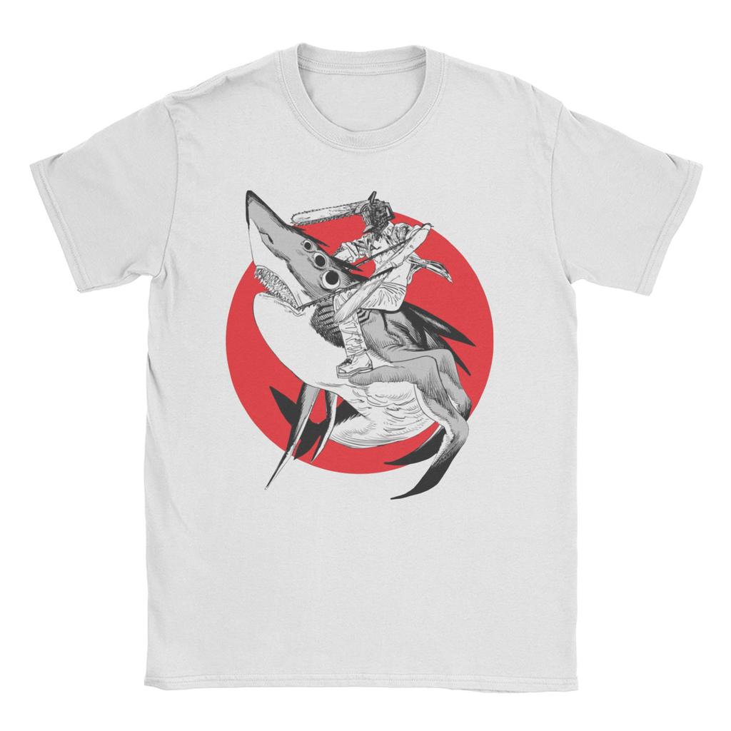 Shark and Denji T Shirts for Men Women Pure Cotton Awesome T-Shirt O Neck Chainsaw Man Manga Devil Makima Anime Tee Shirt  6XL