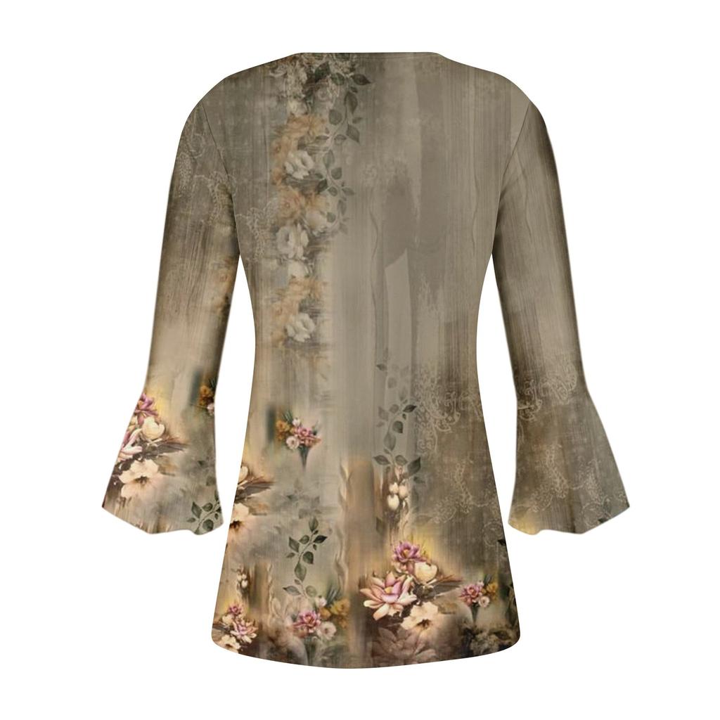 Рубашки на пуговицах для женщин, туника с принтом, летние топы, нарядные повседневные весенние блузки с рукавом 3/4 и v-образным вырезом