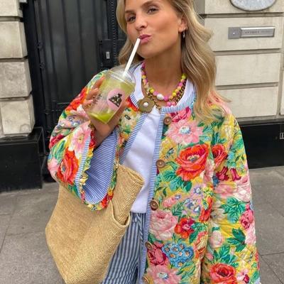 Осенне-зимняя женская мода с круглым вырезом и полосатым цветочным принтом в стиле ретро стеганое хлопковое пальто