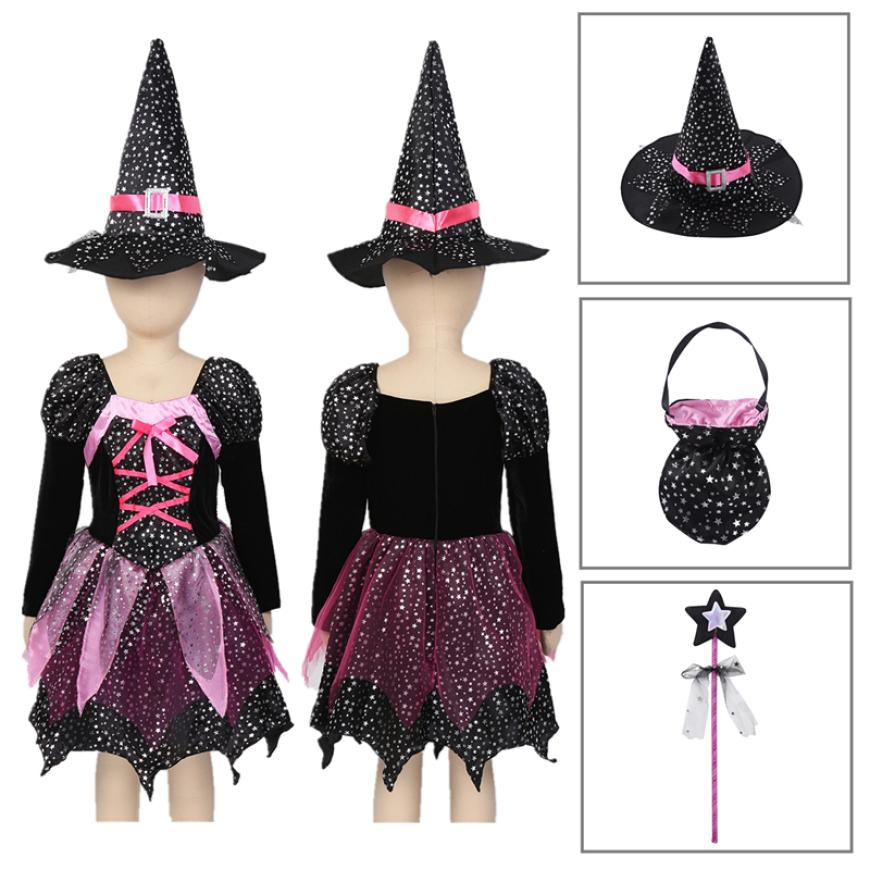 Kids Girls Witch Costume For Halloween Fancy Dress Up Dress With Pointed Hat Wand Candy Bag Set