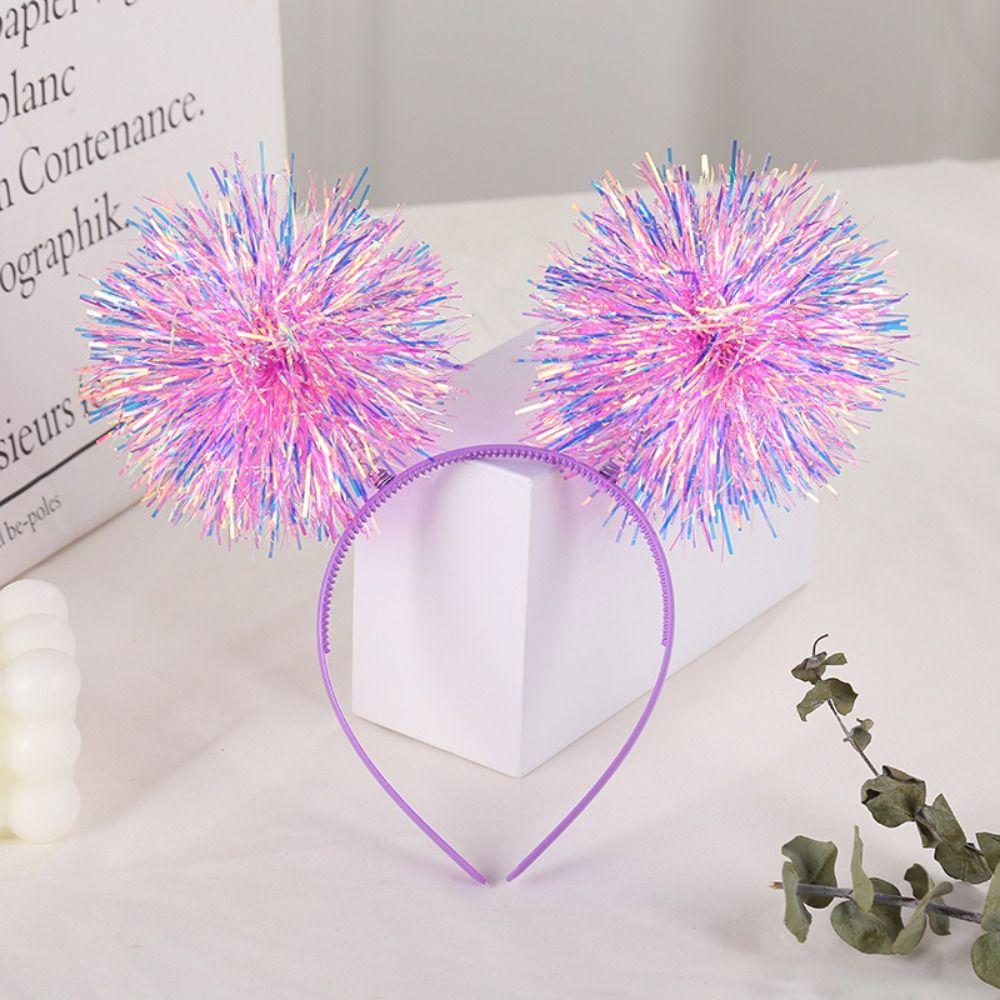 Bling Party Headband Giltering Tinsel Headband Trendy Pompom Ball Headband  Women Girls Pink