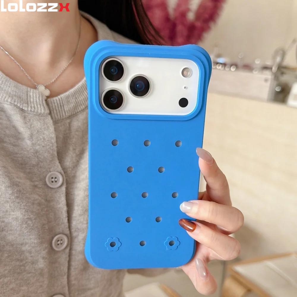 DIY Hole for Crocs Charms Silicone Phone Case For iPhone 17 Pro Max 16 15 14 13 Pro 16 Plus Candy Color Shockproof Soft Cover