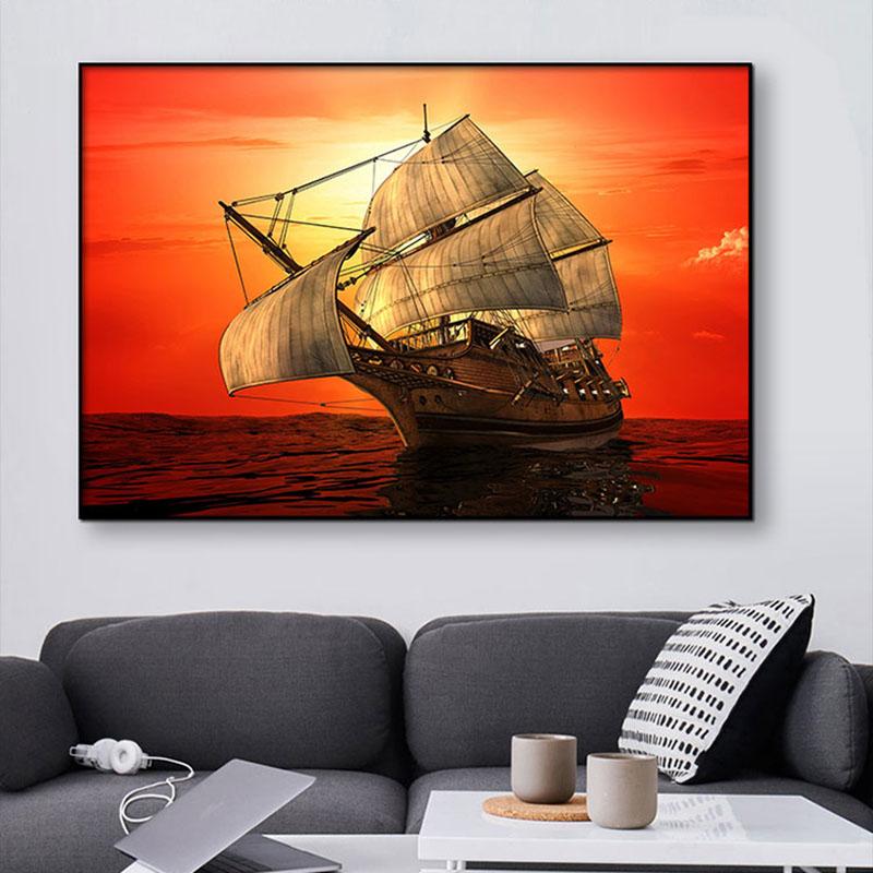 Пейзаж закат восход корабль в море облако холст картины настенные художественные постеры и принты для современного декора гостиной без рамки