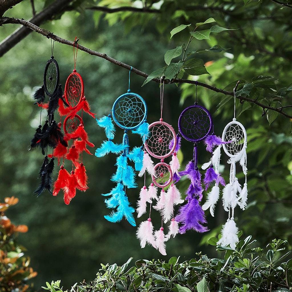 Boho Double Loop Dreamcatcher - Silk Thread Wall Art with Feathers, Car & Room Pendant