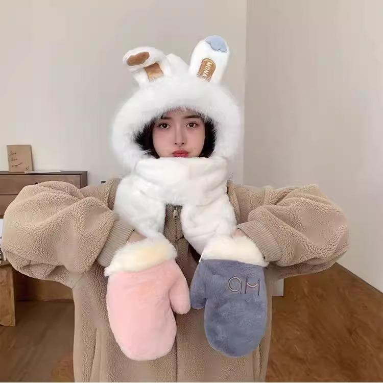 Мягкая шапка с кроличьими ушками, шарф, перчатки, комплект из трех предметов, женская осенне-зимняя термошапка для защиты ушей при езде на велосипеде в холодную погоду