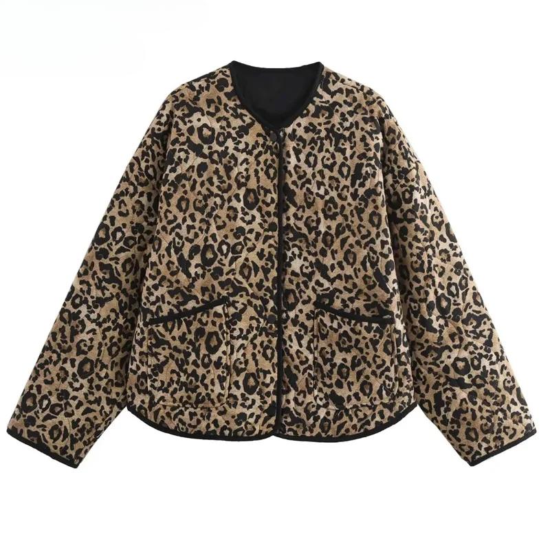 Parkas Leopard Winter Coats Woman Vintage Animal Print Quilted Jacket Women Autumn Long Sleeve Padded Jacket Short Coats