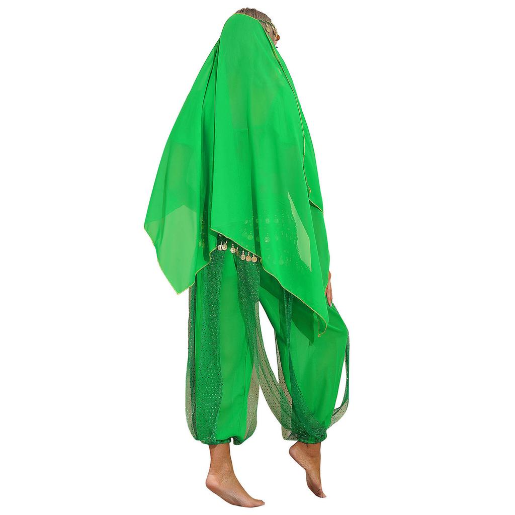 Женский наряд для танца живота, карнавальный костюм на Хэллоуин, укороченный топ с короткими рукавами и пайетками, шаровары, набедренный платок, головной платок